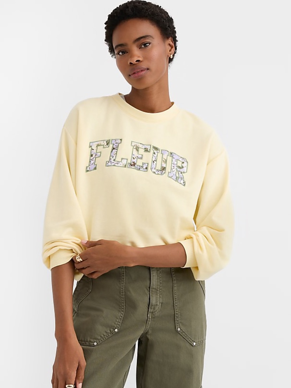 NWT Loft Fleur Lightweight Sweatshirt Lemon Brulee Parisian Embroidered Pullover
